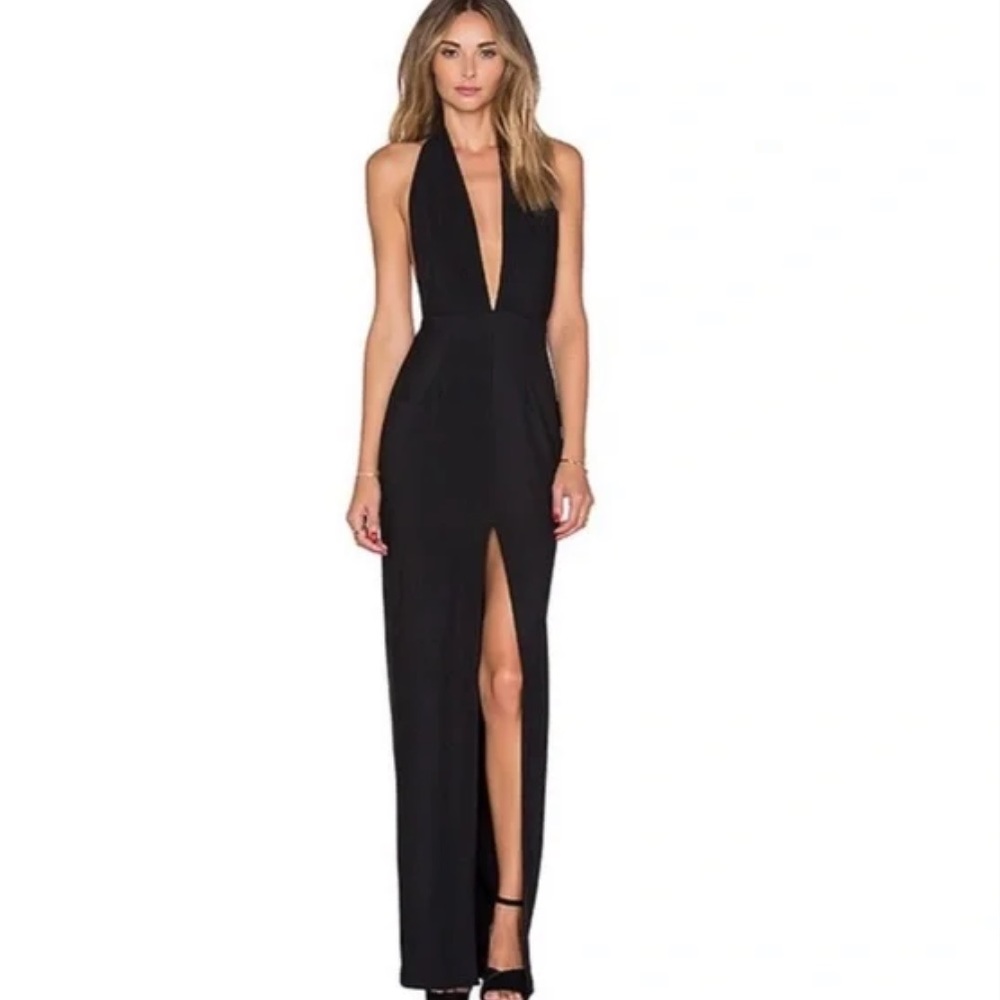 Solace London Aeryn Black Plunge Neck Open Back Halter Maxi Dress Gown
